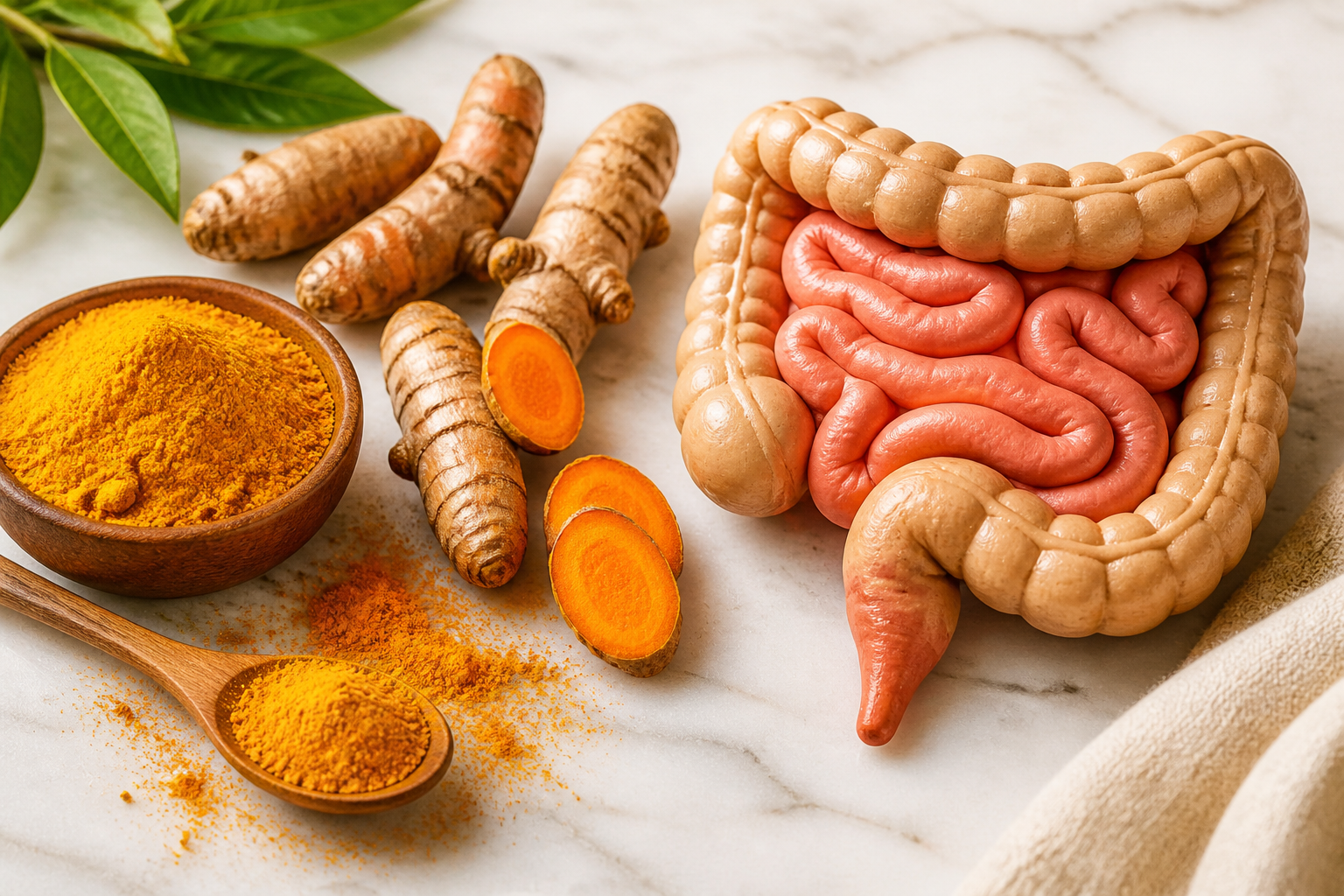 Close-up editorial still life of Turmeric and Your Gut on a clean wooden or marble surface