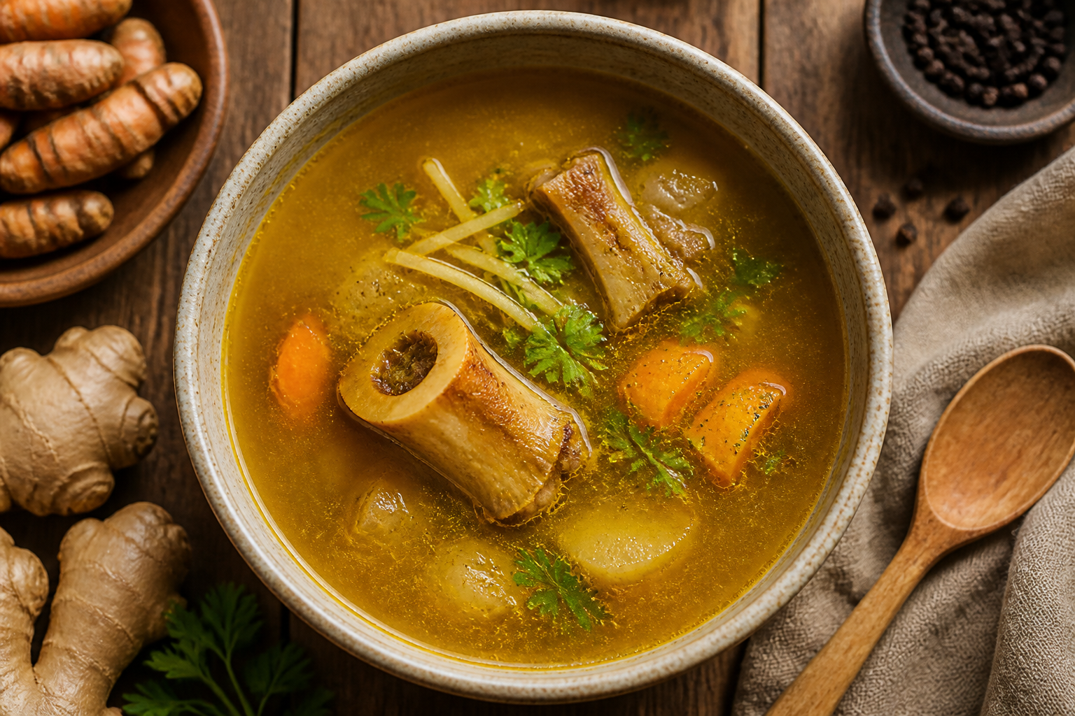 Overhead shot of Turmeric Ginger Bone Broth plated appetizingly in a ceramic bowl