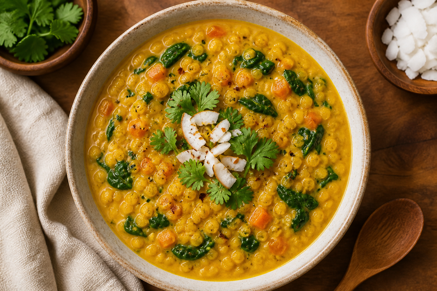 Overhead shot of Turmeric Golden Lentil Stew with Coconut Milk plated appetizingly in a ceramic bowl