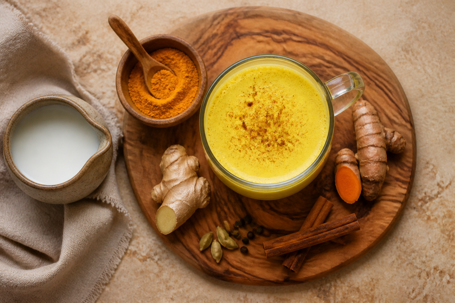 Overhead shot of Turmeric Golden Milk plated appetizingly in a tall glass or mug