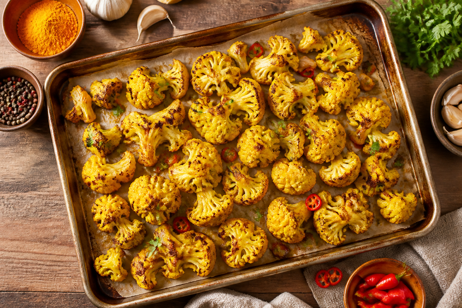 Overhead shot of Turmeric Roasted Cauliflower plated appetizingly in a baking tray