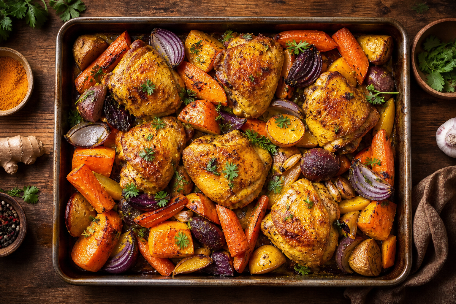 Overhead shot of Turmeric Roasted Chicken with Root Vegetables plated appetizingly in a baking tray