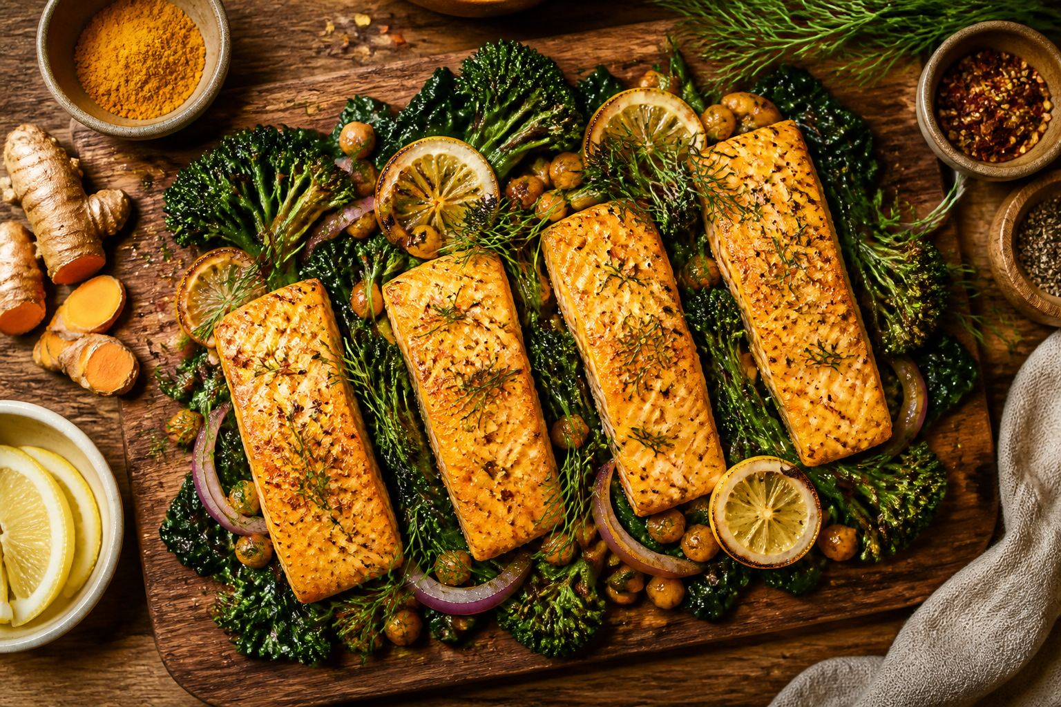 Overhead shot of Turmeric Salmon Traybake with Greens plated appetizingly in a wooden board