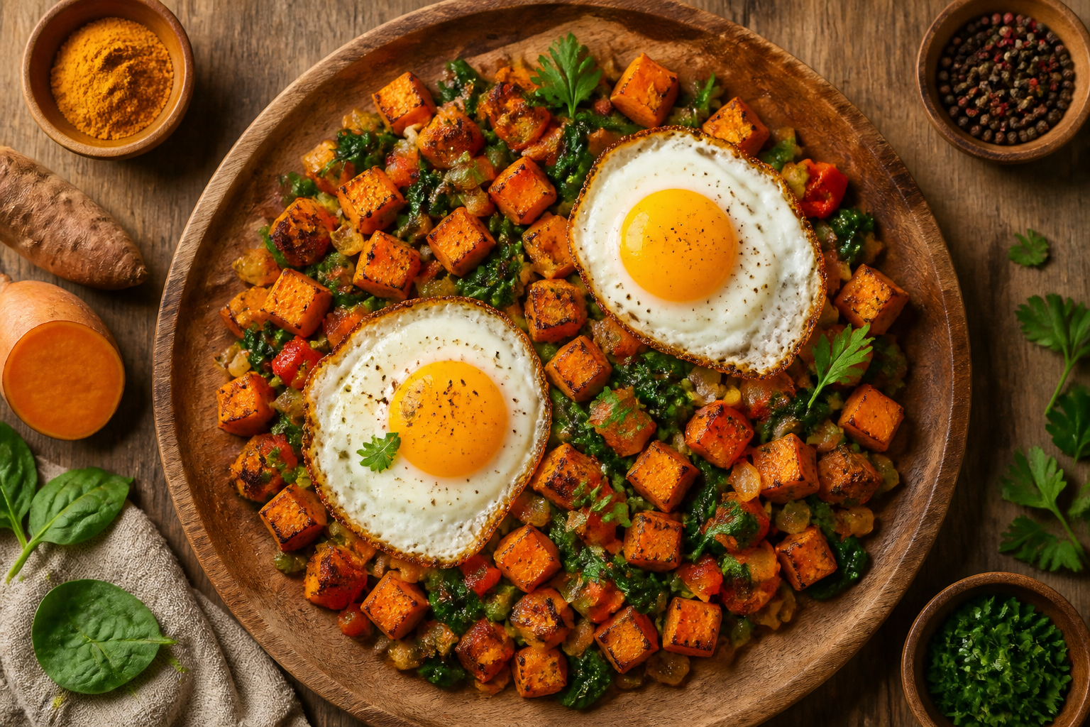 Overhead shot of Turmeric Sweet Potato Hash with Fried Eggs plated appetizingly in a wooden board