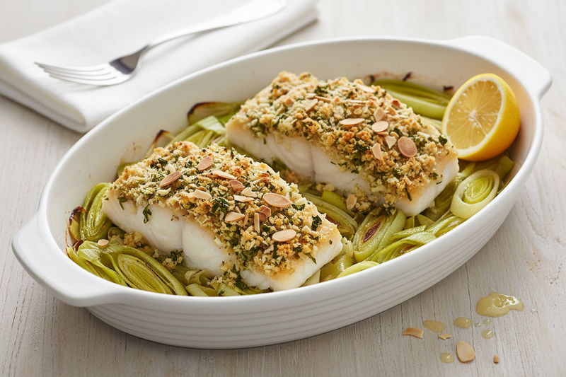 Baked Cod with Herb Crust and Roasted Leeks