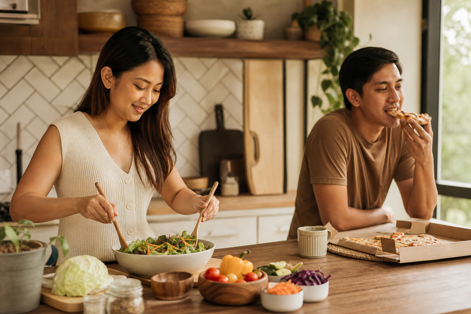 Filipino couple in their 30s in a kitchen