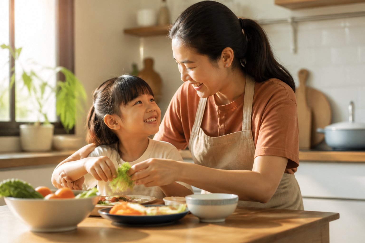 Filipino parent with a child age 6-8 in a warm home kitchen