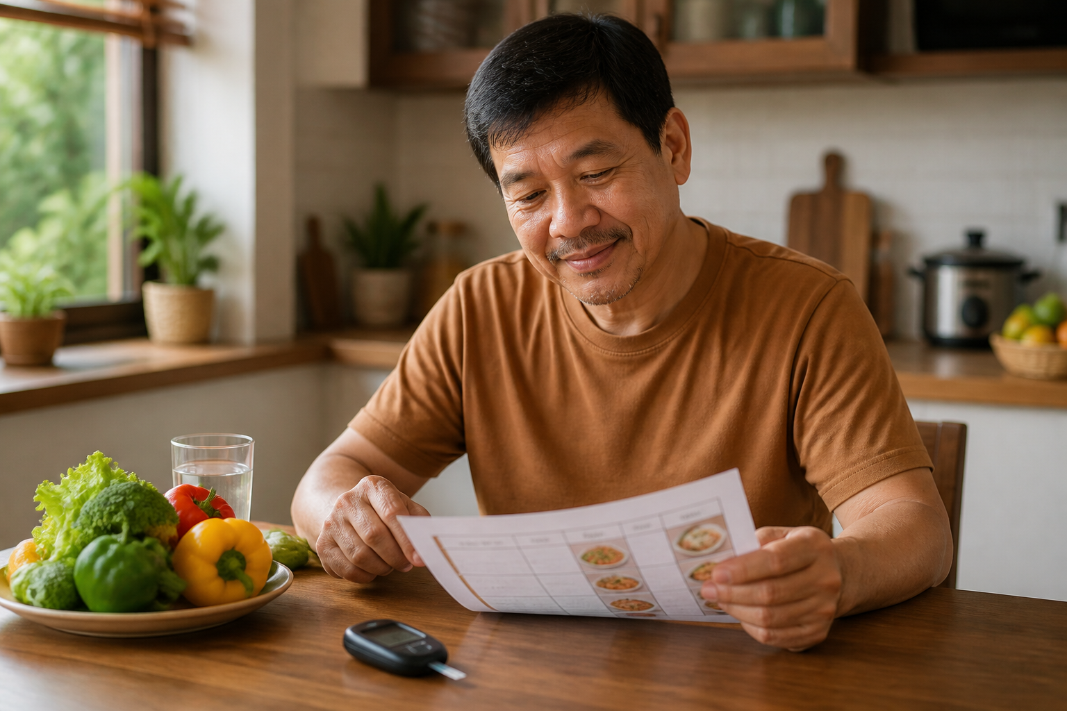 Filipino man in his 50s at a kitchen table