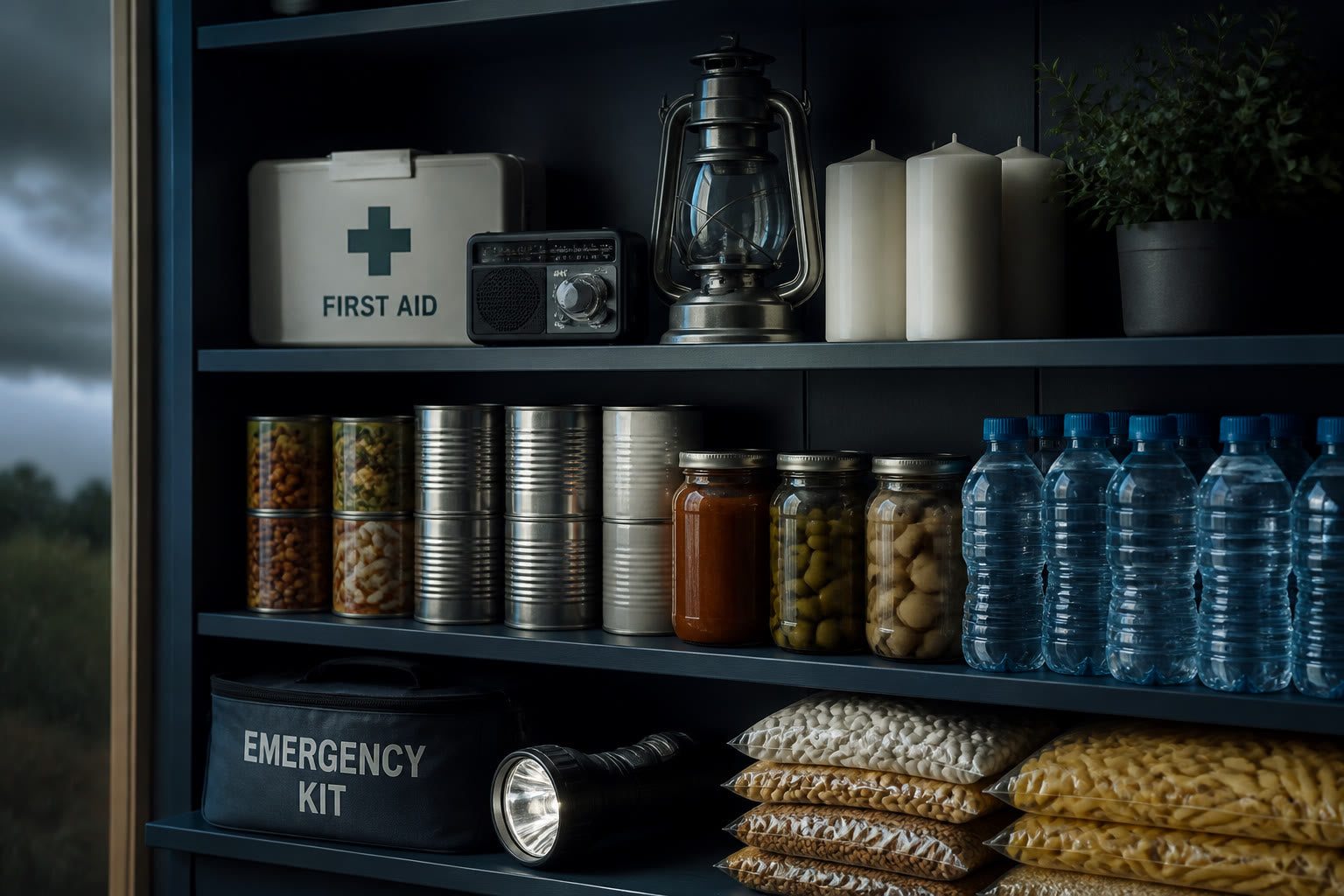 Emergency pantry shelf with canned goods, bottled water, and a flashlight