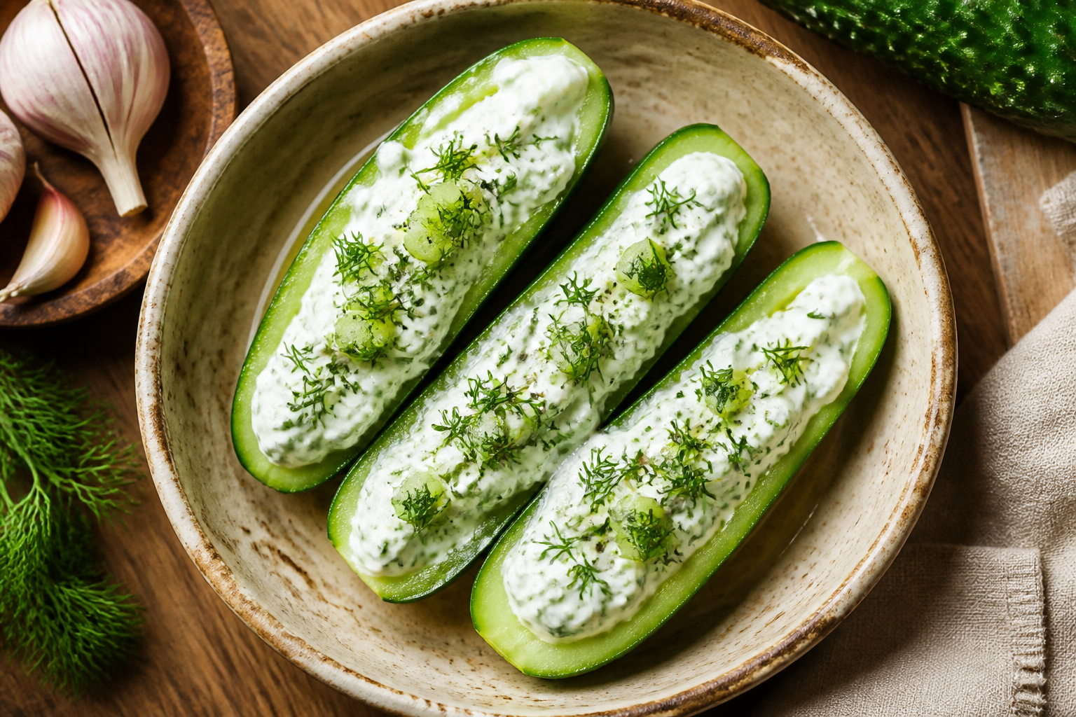 Overhead shot of Tzatziki Stuffed Cucumber Boats plated appetizingly in a small ceramic bowl