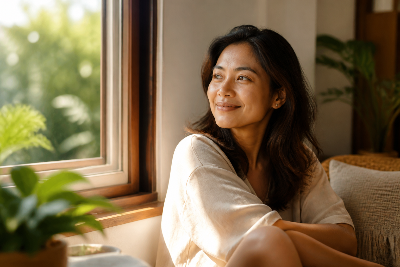 Filipino woman in her late 30s sitting by a window on a good day