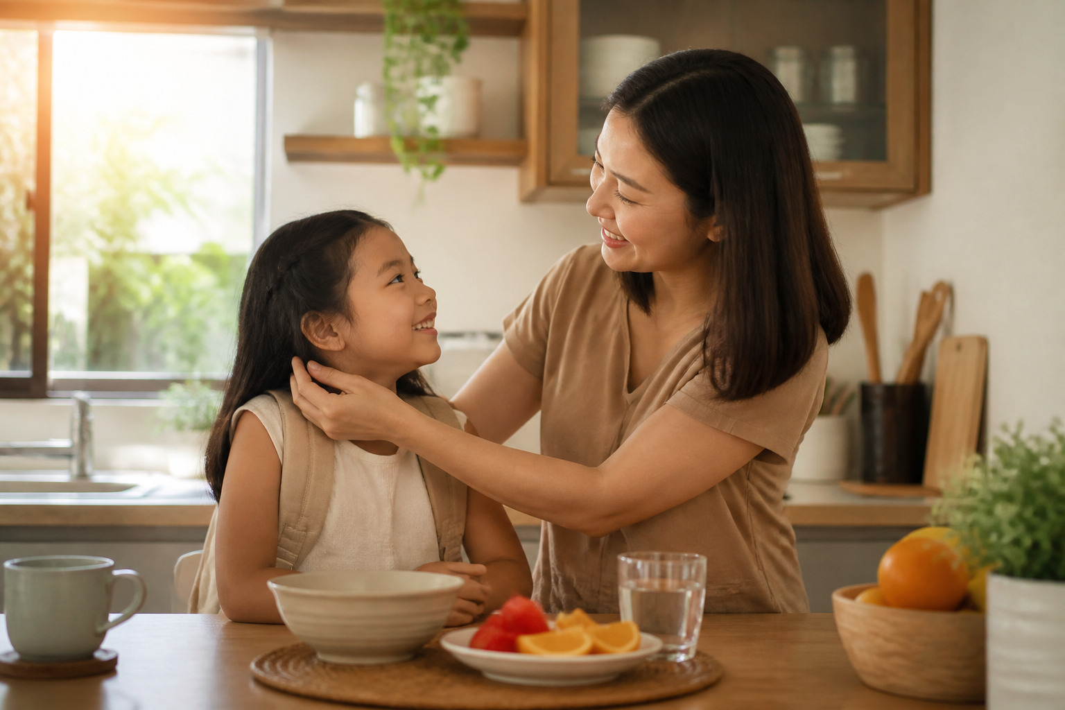 Filipino parent with a child age 6-8 in a warm home kitchen