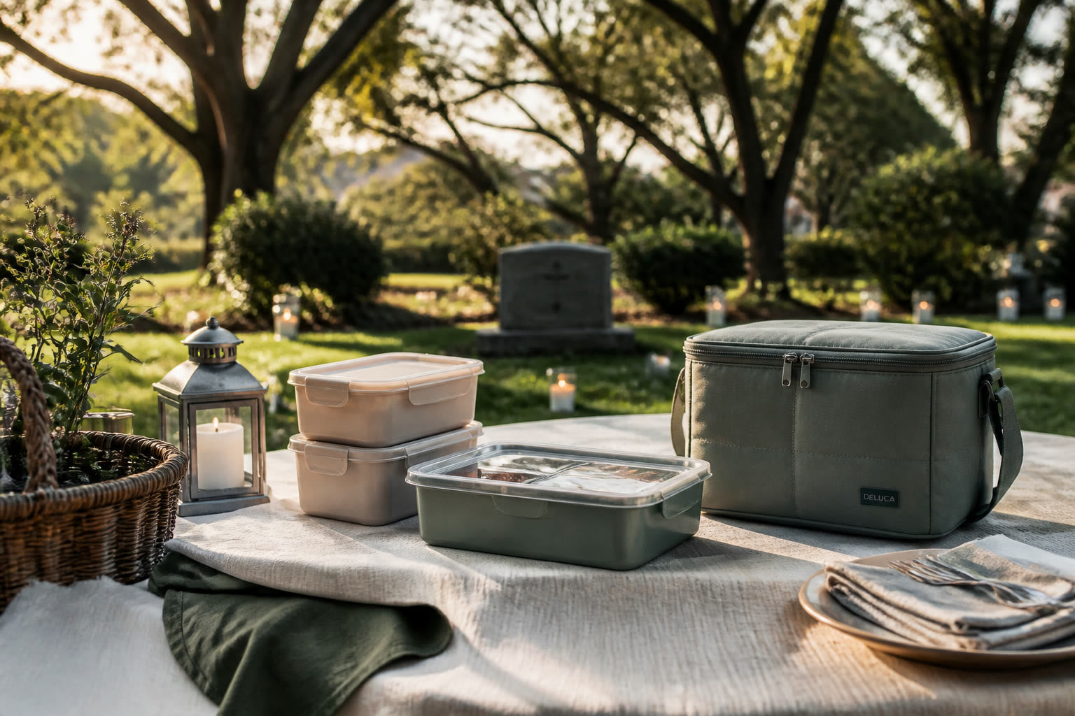 Outdoor picnic setup with cooler and food containers near cemetery candles