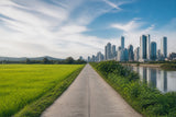 Split view of a rural rice field and Metro Manila skyline