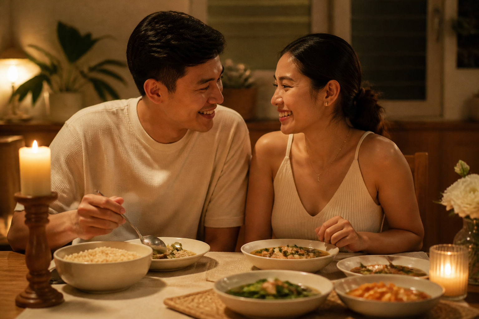 Filipino couple at a candlelit dinner table at home