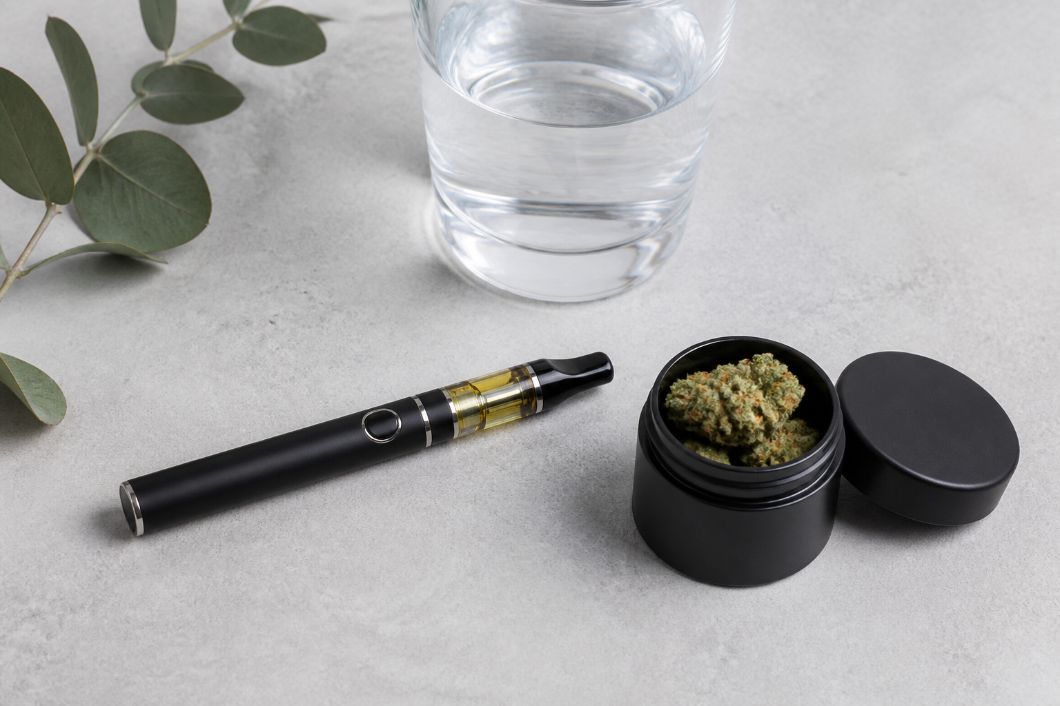 Abstract editorial flat lay of a vape pen and a small legal cannabis container beside a glass of water on a neutral surface