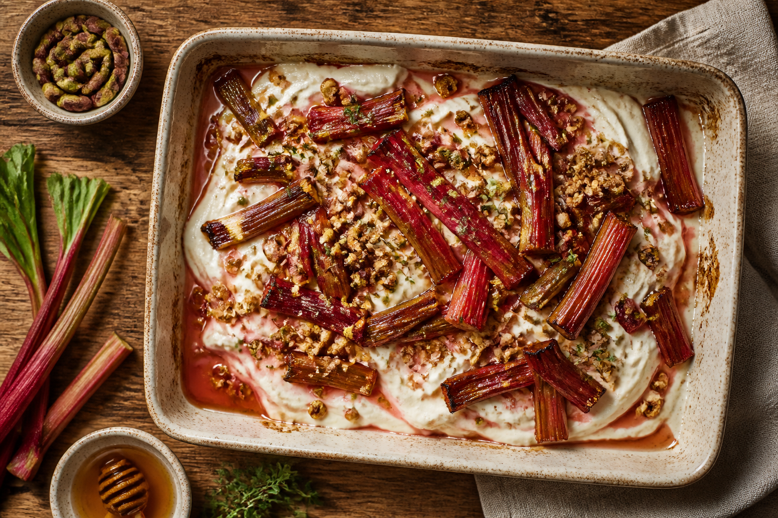 Overhead shot of Viili Yogurt with Roasted Rhubarb plated appetizingly in a baking tray