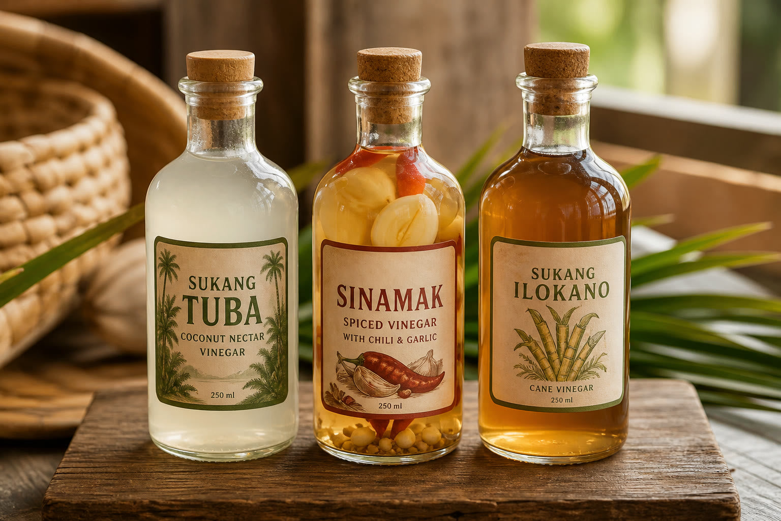 Bottles of Filipino vinegar including sukang tuba and sinamak