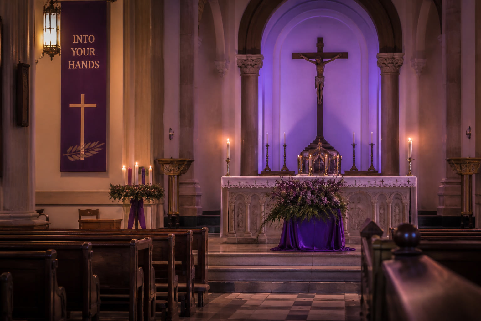 Quiet church interior with soft candlelight during Holy Week