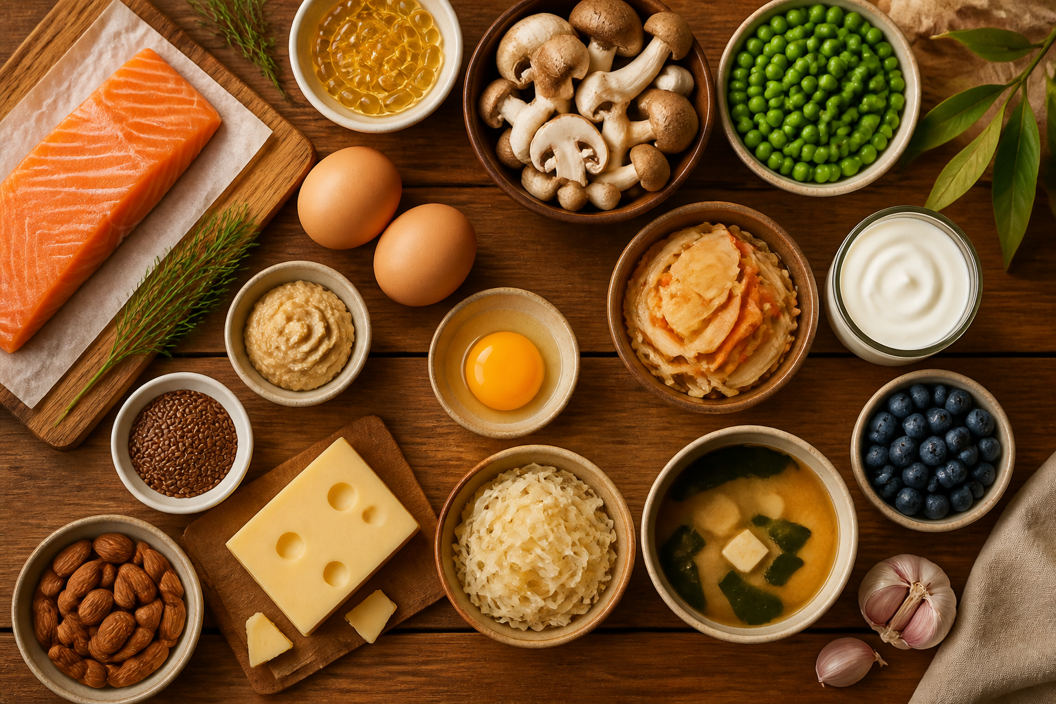 Overhead editorial still life related to Vitamin D and Your Gut on a warm wooden surface