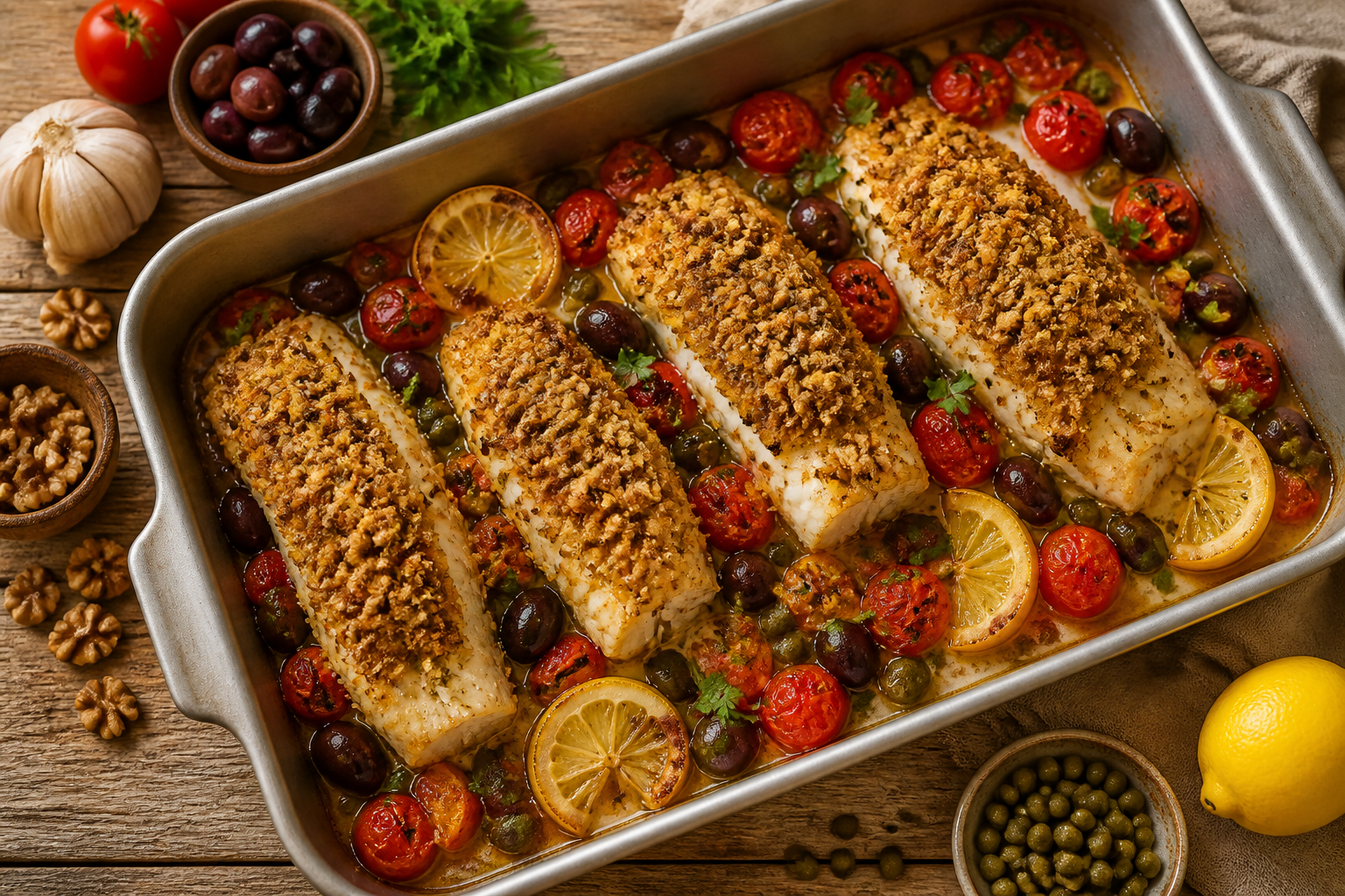 Overhead shot of Walnut Crusted Baked Cod Mediterranean Style plated appetizingly in a baking tray