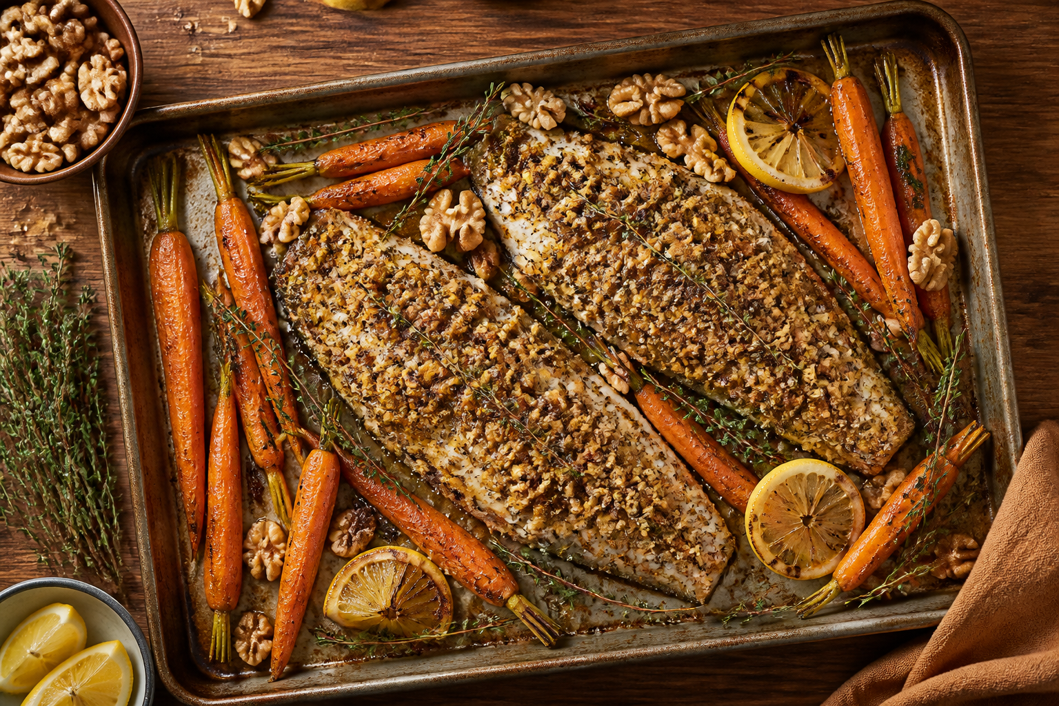 Overhead shot of Walnut-Crusted Trout with Roasted Carrots plated appetizingly in a baking tray