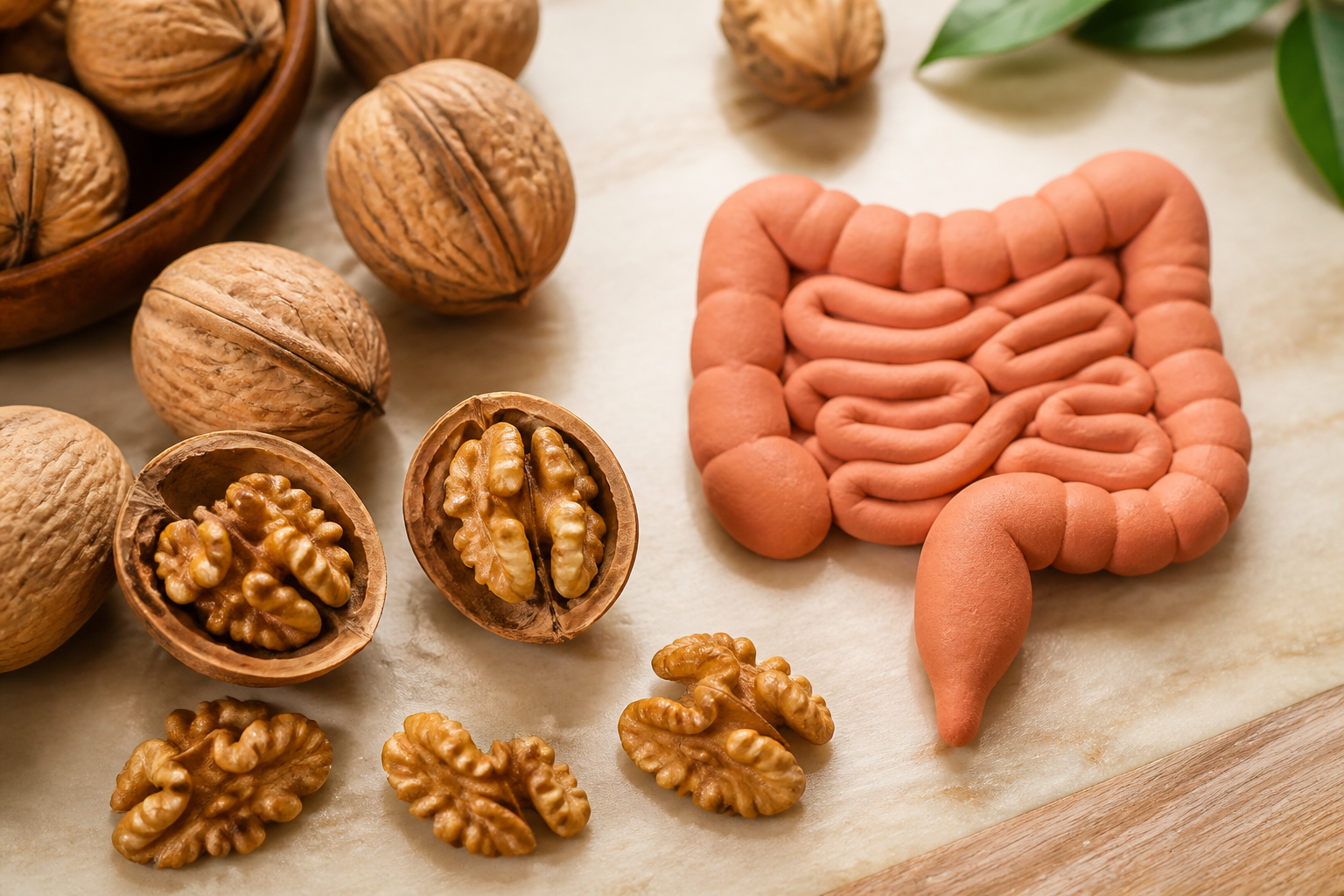 Close-up editorial still life of Walnuts and Your Gut on a clean wooden or marble surface