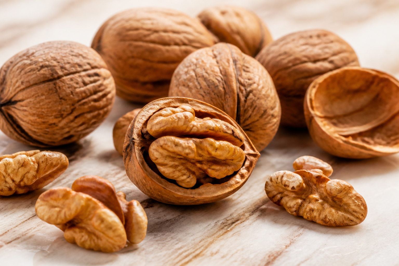 Close-up editorial still life of Walnuts on a clean wooden or marble surface