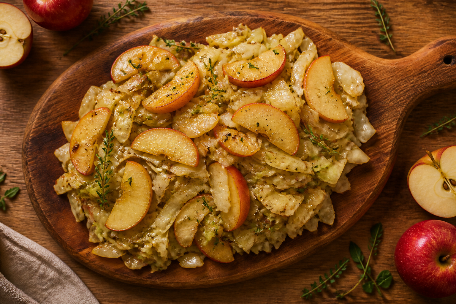 Overhead shot of Warm Cabbage and Apple Saute plated appetizingly in a wooden board