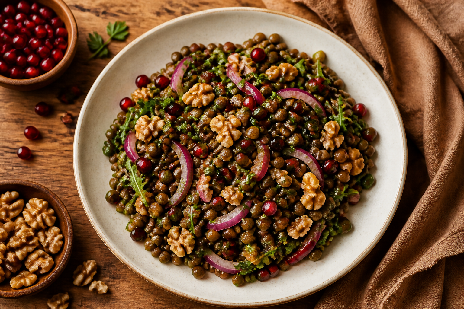 Overhead shot of Warm Lentil Salad with Walnuts and Pomegranate plated appetizingly in a wide clean plate