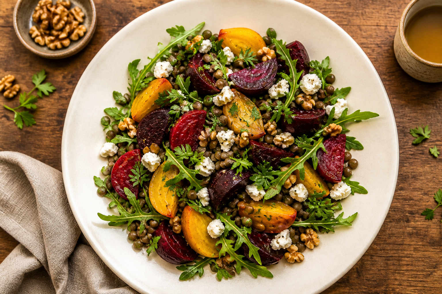 Overhead shot of Warm Roasted Beet and Lentil Salad plated appetizingly in a wide clean plate