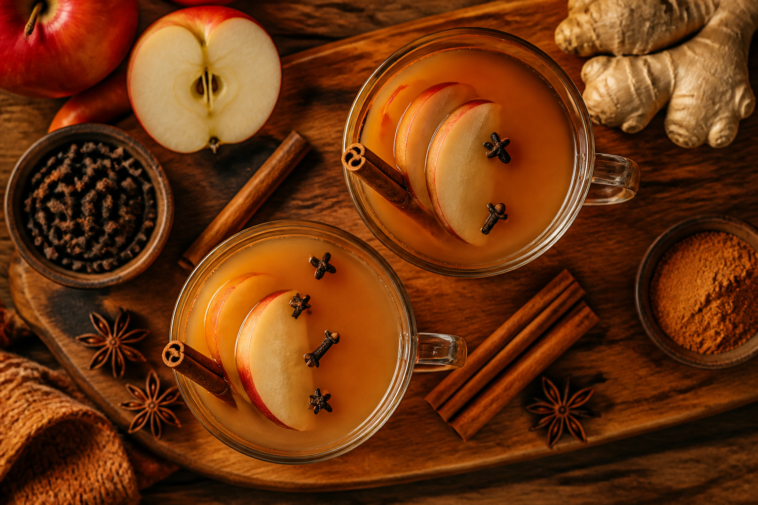Overhead shot of Warm Spiced Cider with Cinnamon and Clove plated appetizingly in a wooden board