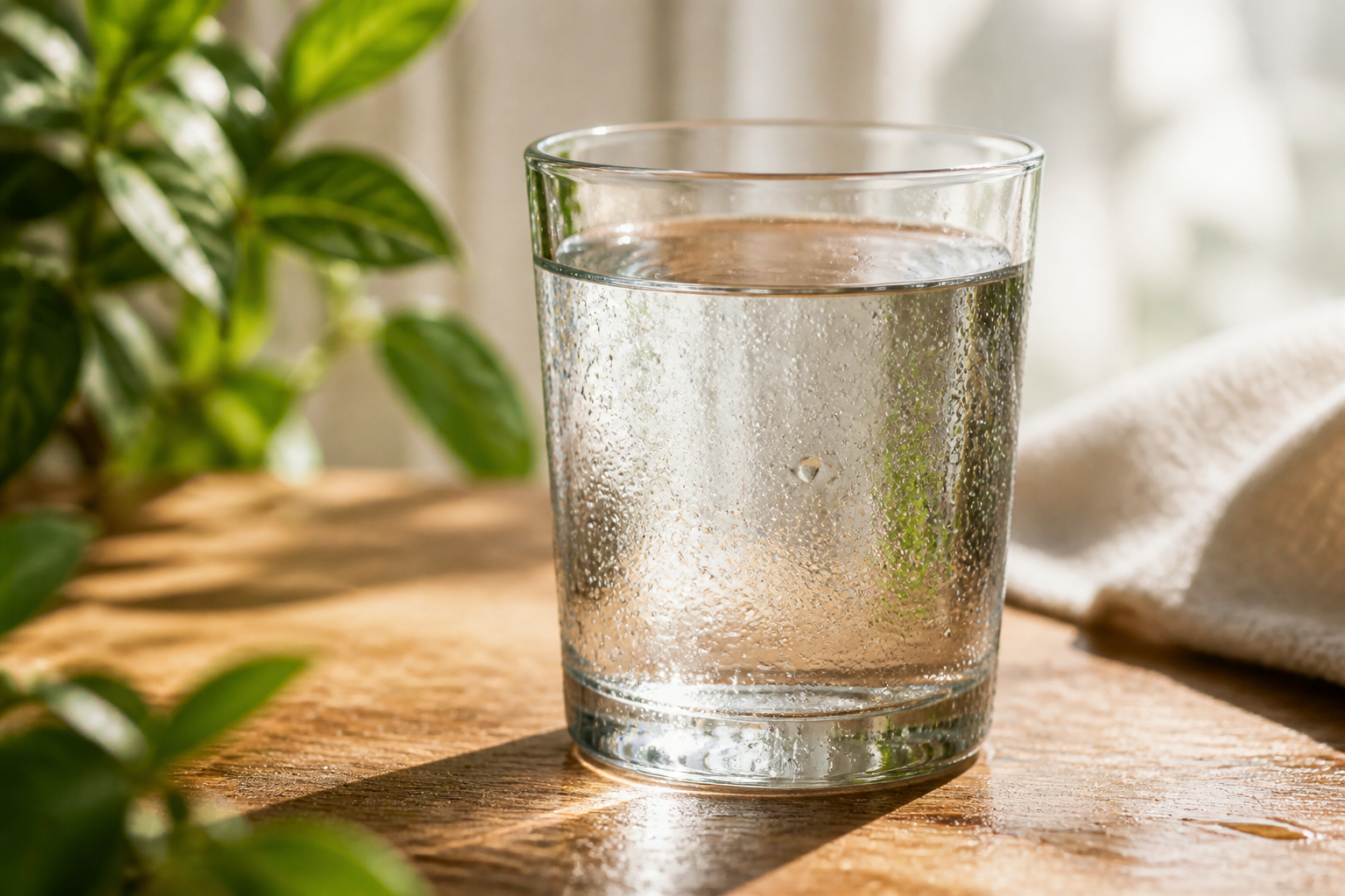 Close-up of a clear glass of water with small condensation droplets on a wooden table