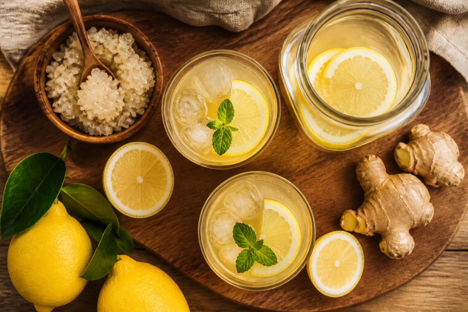 Overhead shot of Water Kefir Lemonade plated appetizingly in a wooden board