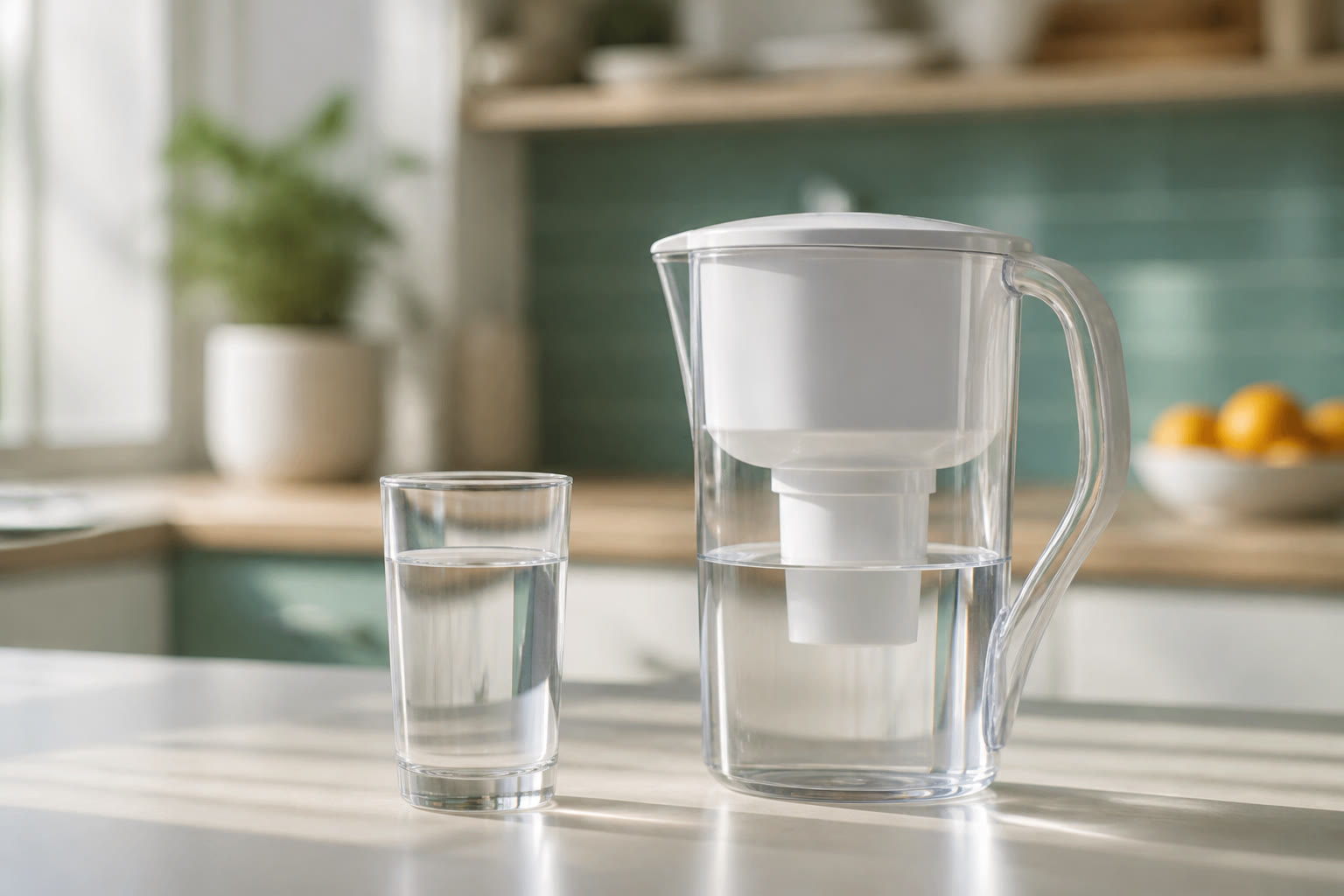 A clean glass of water beside a household filter pitcher on a kitchen counter.