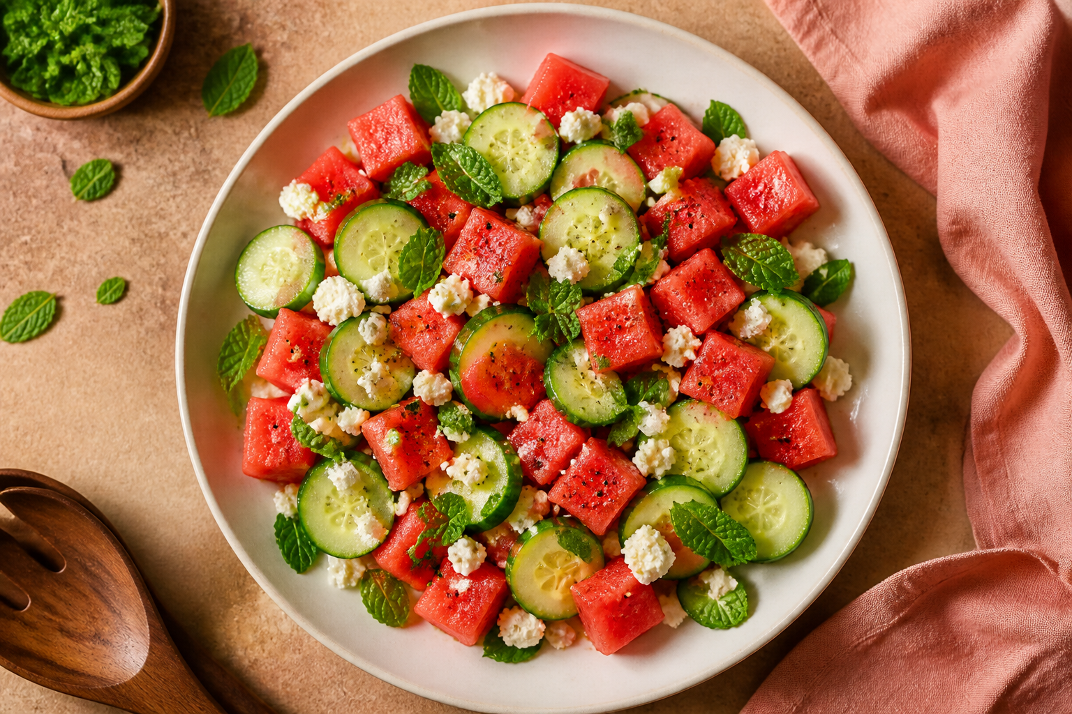 Overhead shot of Watermelon Cucumber Mint Salad plated appetizingly in a wide clean plate
