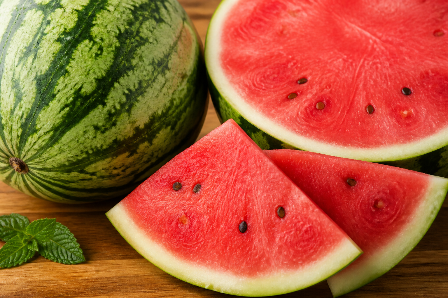 Close-up of Watermelon as fresh whole and cut fruit on a clean wooden or marble surface