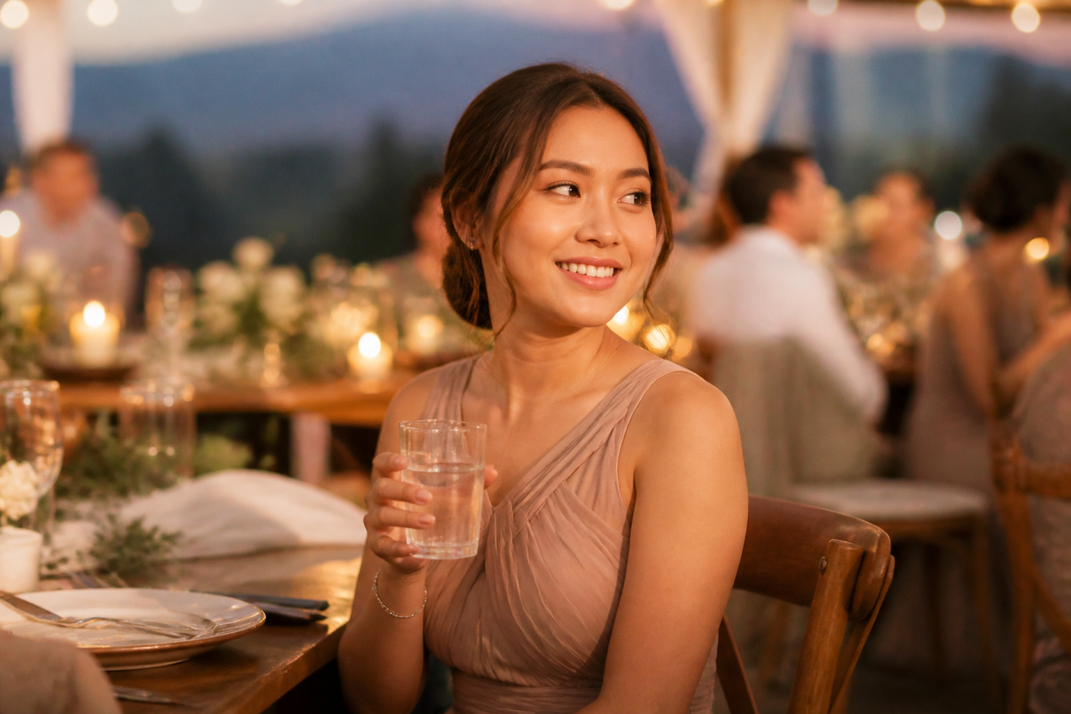 Filipino woman in a bridesmaid dress at an outdoor reception