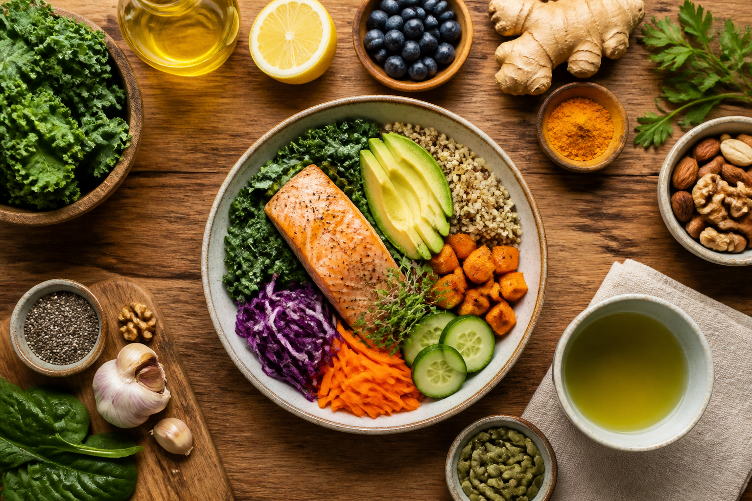 Overhead editorial still life related to What Anti-Inflammatory Eating Can Actually Do for Your Gut on a warm wooden surface