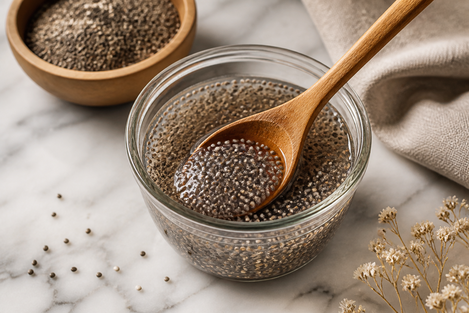 Close-up editorial still life of What Chia Seeds Actually Do Once They Hit Your Gut on a clean wooden or marble surface