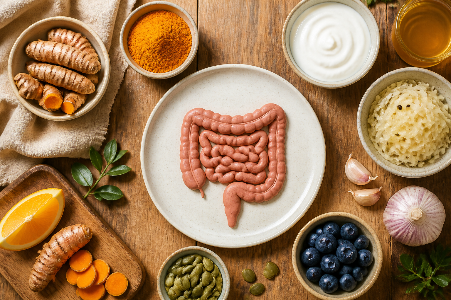 Overhead editorial still life related to What Curcumin Actually Does for Your Gut on a warm wooden surface