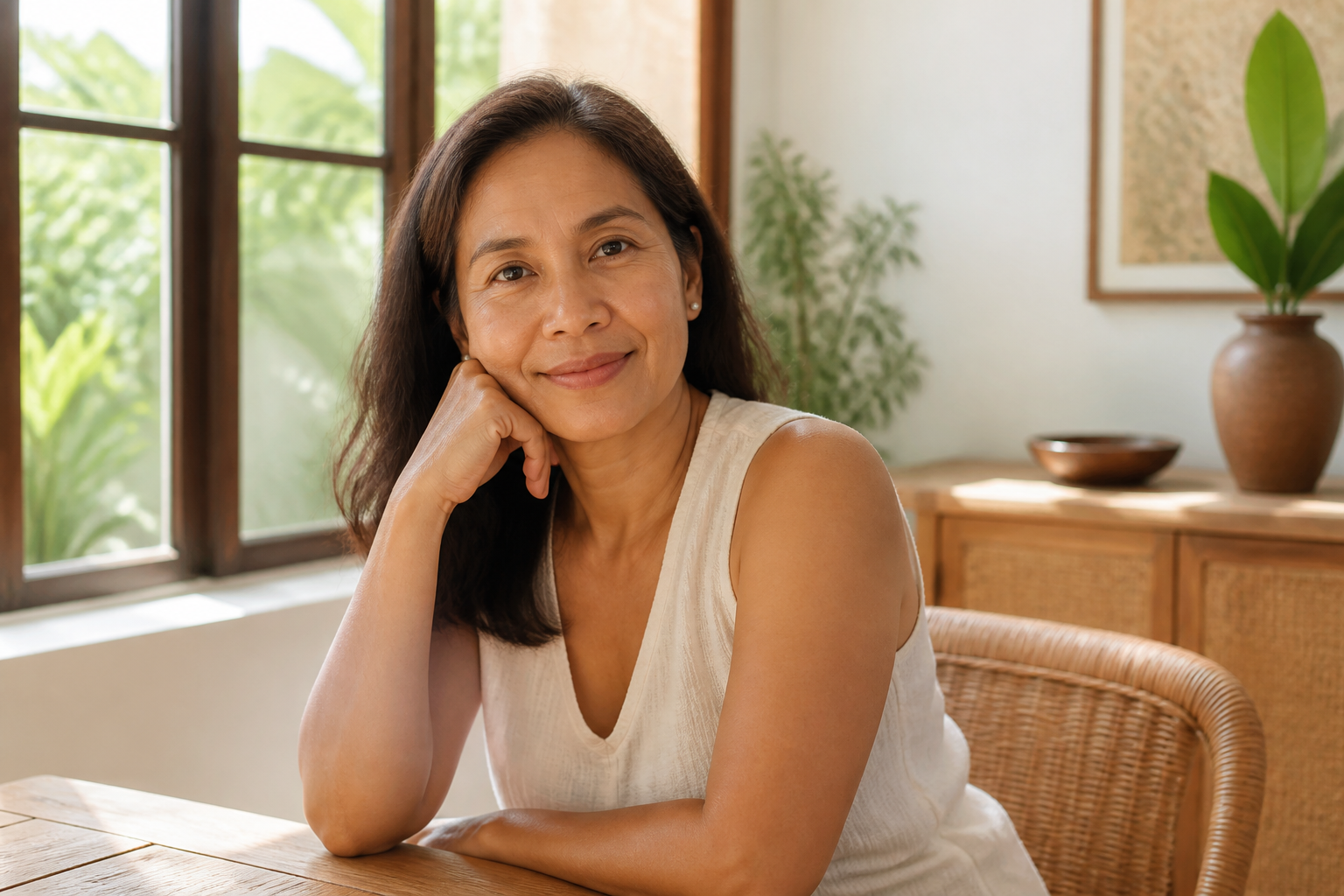 Filipino woman in her early 50s in a sunny room