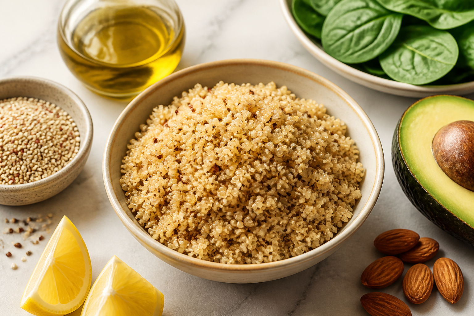 Close-up editorial still life of What Quinoa's Complete Protein Status Means for Your Digestion on a clean wooden or marble surface