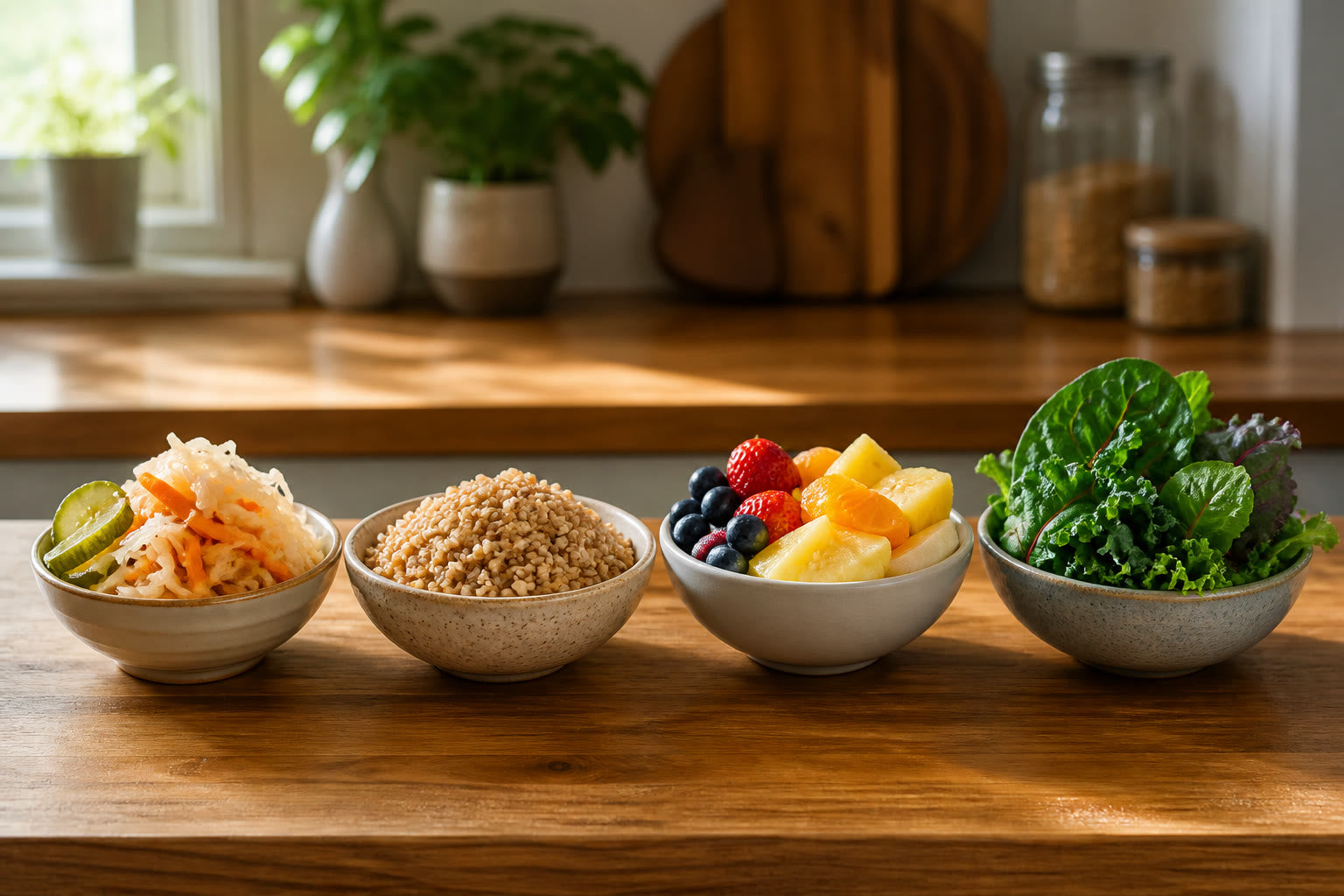 Four small bowls of fermented vegetables, whole grains, fresh fruit, and leafy greens on a kitchen counter.