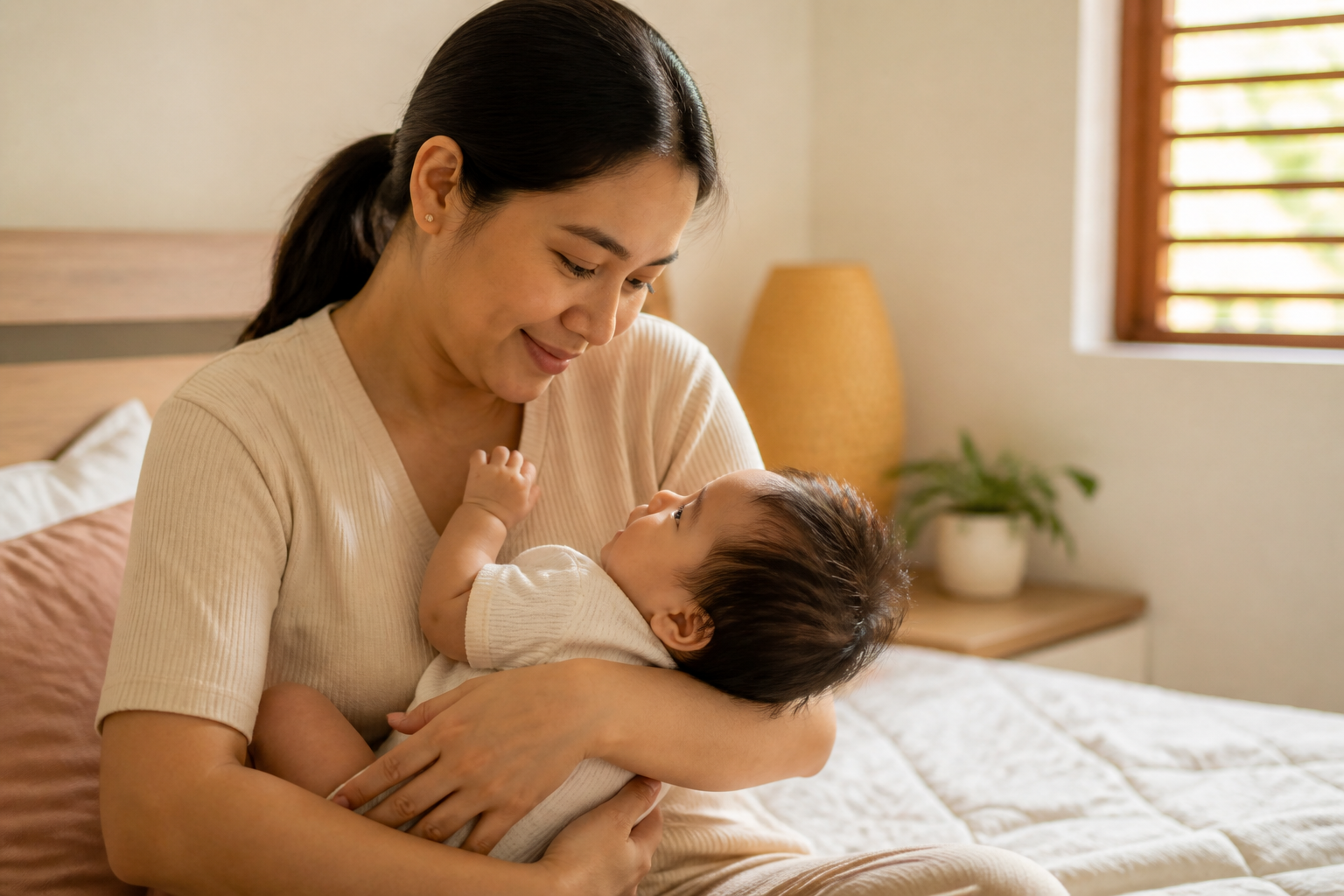 Filipino mother in her 30s with a baby in a softly lit home