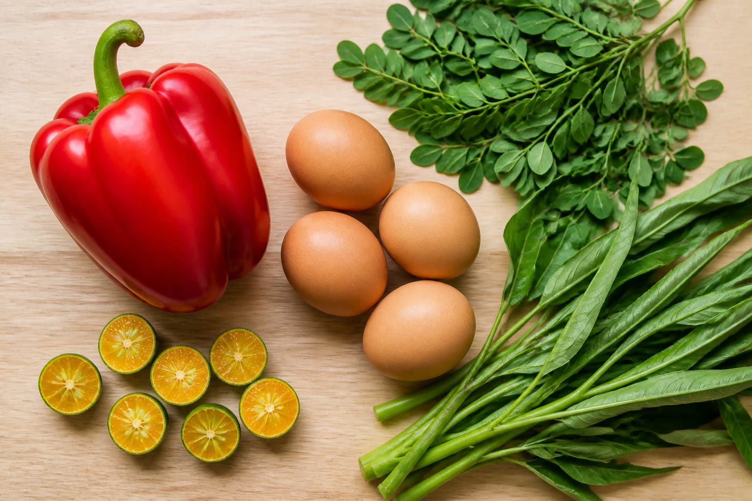 Red bell pepper, calamansi, eggs, and leafy greens on a wooden surface.