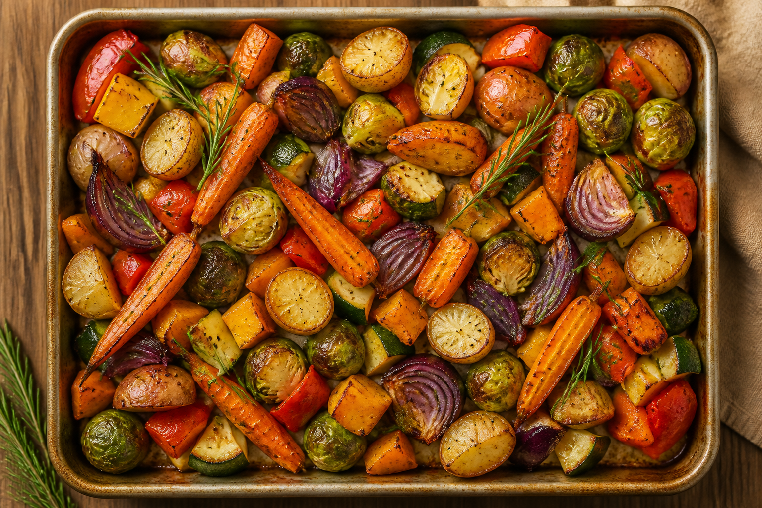Overhead shot of Whatever-You-Have Roasted Vegetable Medley plated appetizingly in a baking tray