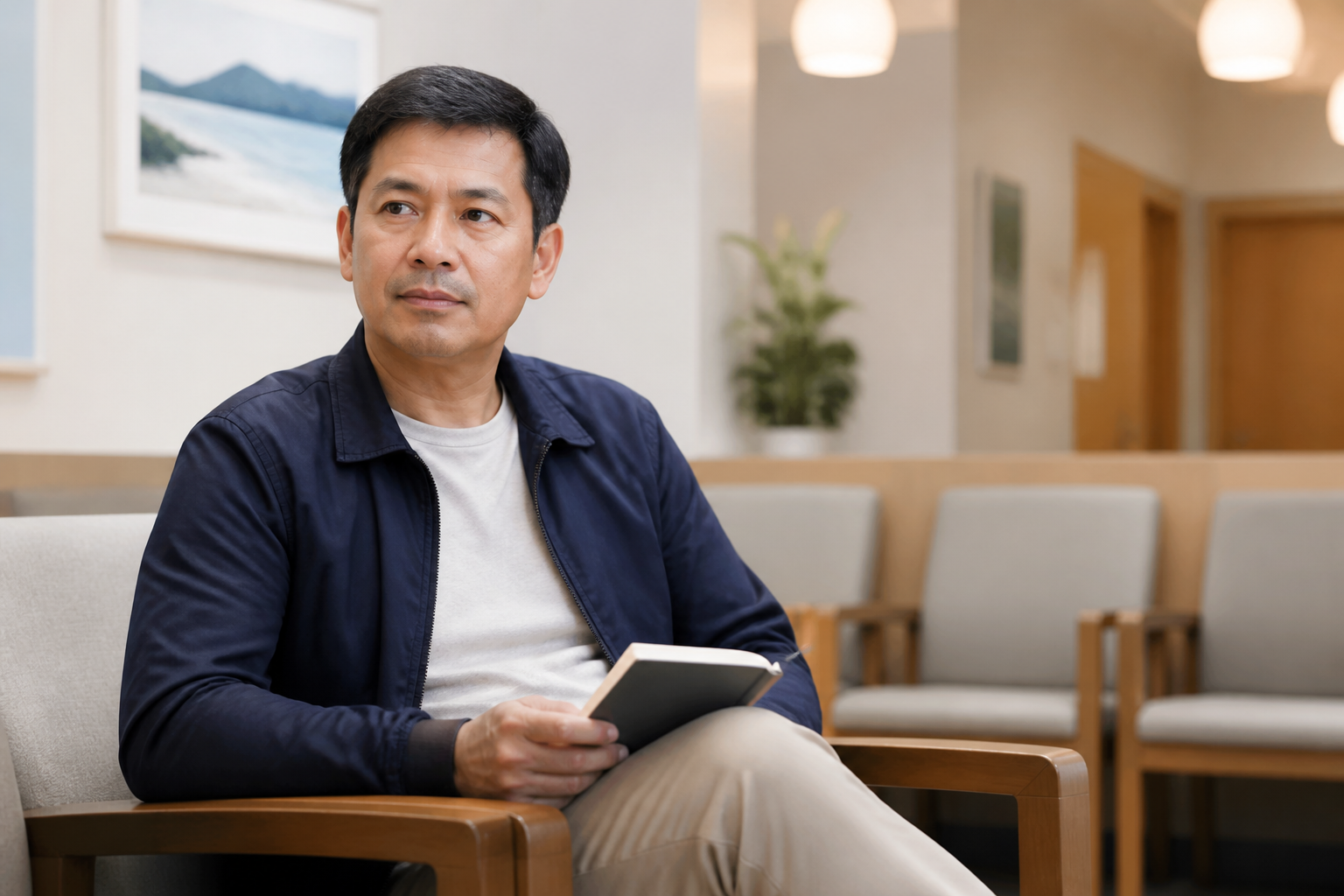 Filipino man in his 40s sitting in a doctor's waiting room