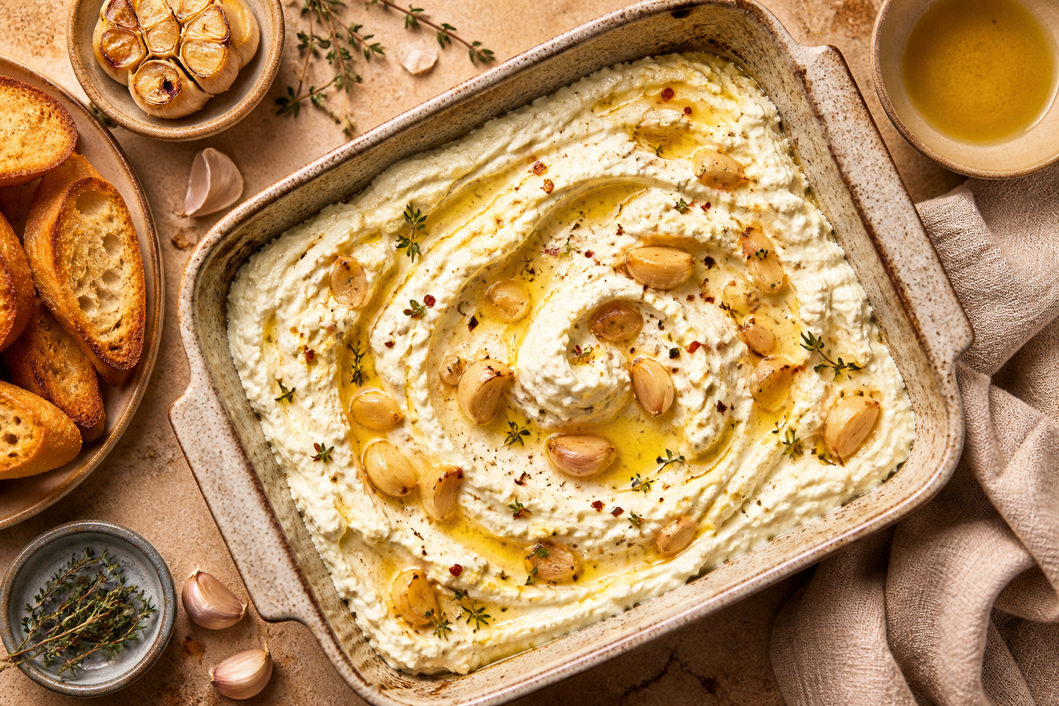 Overhead shot of Whipped Feta and Roasted Garlic Dip plated appetizingly in a baking tray