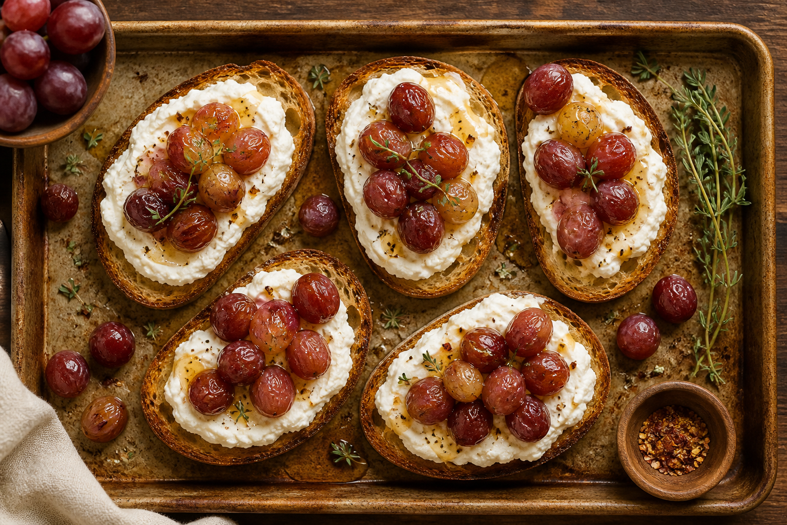 Overhead shot of Whipped Ricotta Toast with Roasted Grapes plated appetizingly in a baking tray